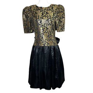 Vintage 80s Miss Dorby Gold Lace Black Satin Dress Bow Tulle Party Size M/L